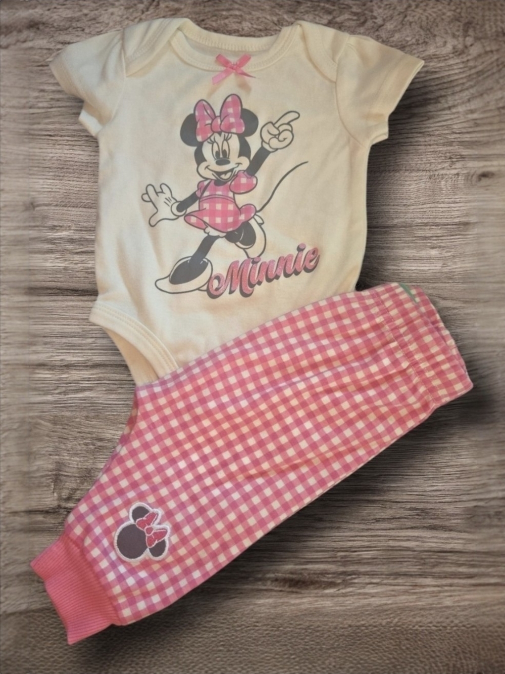 Disney Baby Minnie Mouse Bodysuit & Gingham Pants Set-Size 6Mos EUC